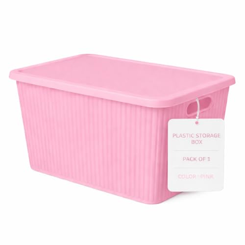 Image of Plastic Storage Box with Lid - Large Stackable Organizer Storage Box for Clothes, Toys, Kitchen - Big Size Plastic Storage Container Basket for Home, Office, Bathroom(Large,Pack of 1,Pink)