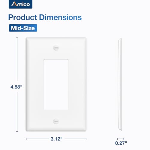 Amico Decorative Light Switch Cover Plate and Outlet Covers, Mid-Size (4.88” X 3.12”), Unbreakable Polycarbonate, Includes Screws, UL Listed,1 Gang, White, 30 Pack by Amico - Image 4