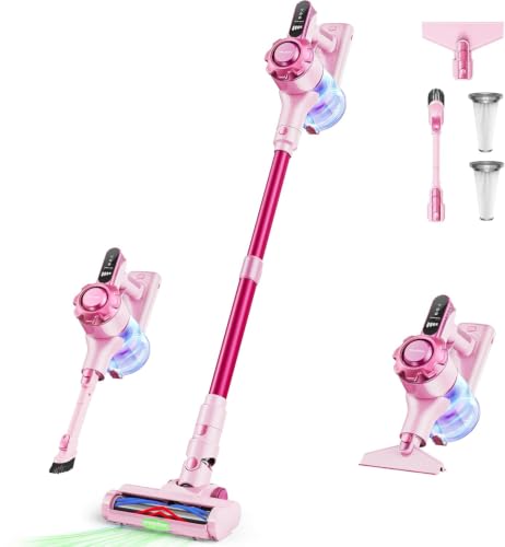 Trucozie Cordless Vacuum Cleaner, 8-in-1 Lightweight Stick Vacuum with 45mins Runtime, Powerful Suction, Green Light & Self-Standing Vacuum Cleaners for Home, Hardwood Floors, Carpet, Pet Hair, Pink