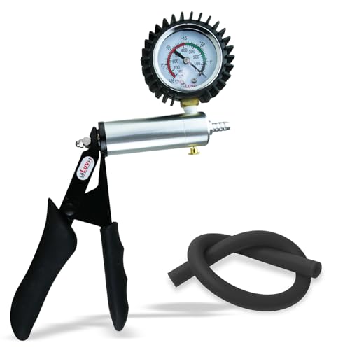 LeLuv Ultima Black Vacuum Pump - Aluminum Alloy Silver Handle Manual Hand Vacuum (0-30 Hg, 0-760 mmHg), Gauge Installed with Protective Rubber Cover, Silicone Padded Grips with Silicone Hose