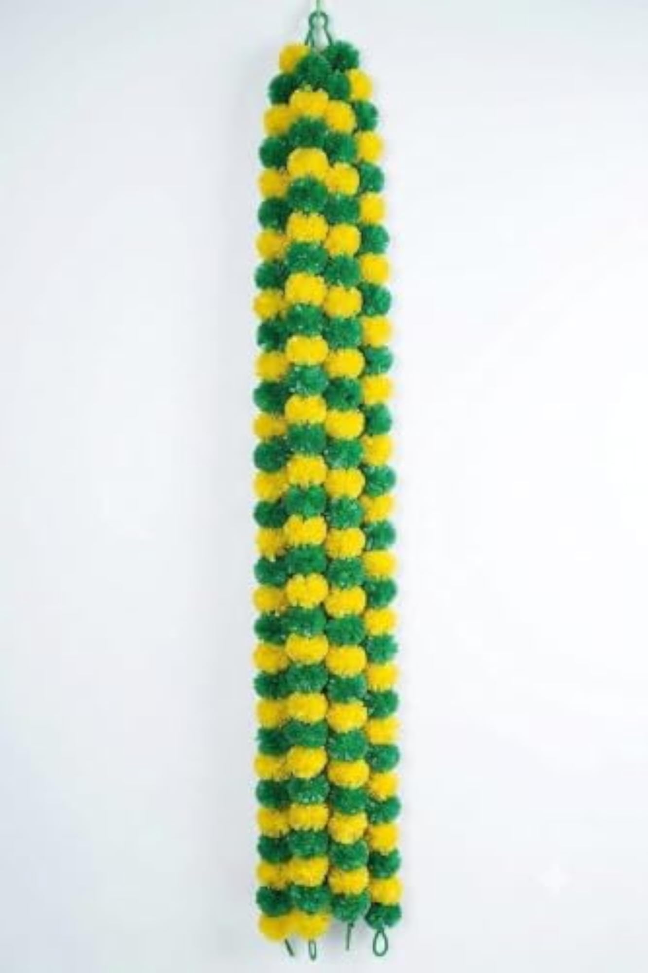 Artificial Marigold Garland Yellow & Green Pom-Pom Toran