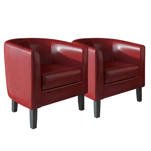 Image of BELLEZE Accent Barrel Chair,Set of 2 Round Chair Club Tub Sofa Corner Chair with Flared Legs and Cozy Soft Padding for Living Room Bedroom Waiting Room - Red