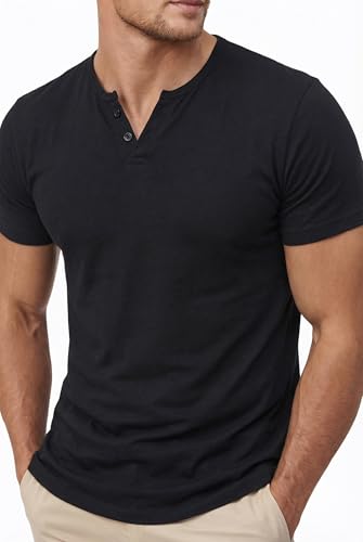 NUOKESASI Men's Casual Slim Fit Basic Henley Short Sleeve Fashion T-Shirt Black-Medium