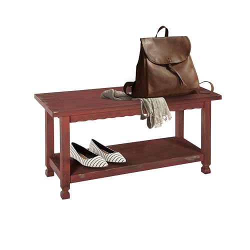 Alaterre Furniture Rustic Cottage Bench with 1 Shelf - Farmhouse Style & Functional Design - Red Antique - Entryway Furniture, 36 in. W x 14 in. D x 18 in. H - Solid Wood, Natural Finish & Whitewash