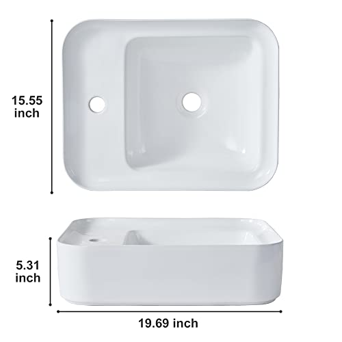 Vapsint Rectangular Vessel Sink,19"X15" White Rounded Bathroom Vessel Sink,Ceramic Vessel Sinks For Bathrooms,Rectangle Above Counter Vessel Vanity Sink Art Basin Sinks With Single Faucet Hole #TOP6