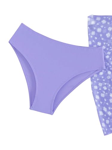 Image of OYOANGLE Girl's 3 Piece Swimsuits Ruffle Trim Wireless Bikini Set Bathing Suits with Floral Print Cover Ups Mauve Purple 9Y