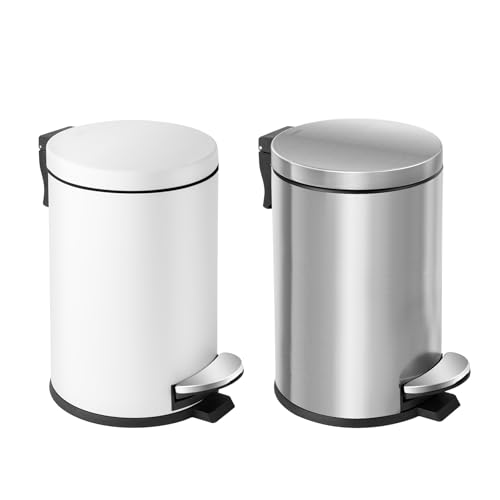 Image of Cesun 1.2 Gallons Small Black Trash Can, Bathroom Garbage Can with Lid and Foot Pedal, Mini Round Wastebasket for Bathroom, Bedroom, Office, 4.5 Liters / 1.2 Gallons, Silver