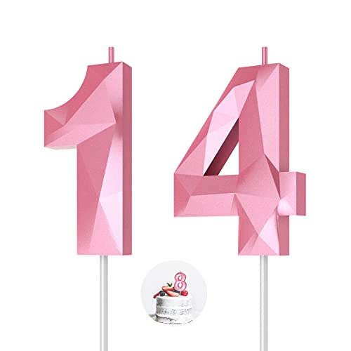 Number Birthday Candles(14 Candle Pink) 3D Diamond Shape 14th Happy Birthday Cake Topper Decorations for Girl Women Birthday Wedding Anniversary Celebration Theme Party Supplies