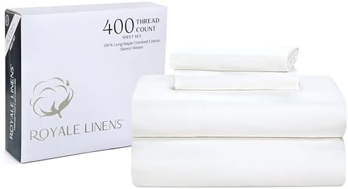 ROYALE LINENS 400 Thread Count 100% American Grown Cotton 4 Piece Sateen Full Sheet Set - 1 Fitted Sheet, 1 Flat Sheet, 2 Pillow case - White Full Bedsheet - Cotton Sheets - (Full, Signature White)