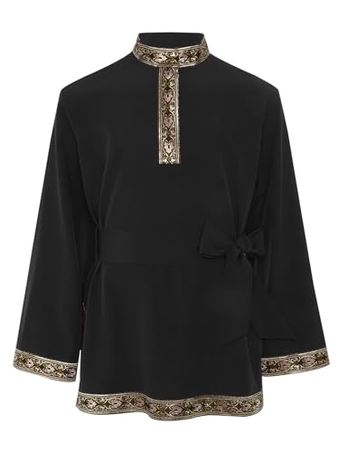 Manyakai - Manyakai Chemise Folklorique Traditionnelle Russe Garçons Filles Vintage Bordure Fermeture à Pression Et Zip Invisible Devant Ceinture Bow Jeux Rôle Noir 11-12 ans