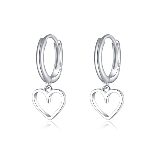 Image of Reffeer Solid 925 Sterling Silver Heart Drop Earrings Hoop for Women Earrings Heart Hoop Earrings Huggie Earrings (A-Silver)