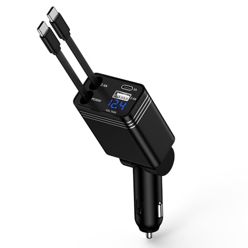 ANNIBER 車シガーソケット充電器 巻き取り式ケーブル Type-C 2本/4台同時充電/電圧測定 usb-C車載カーチャージャー iPhone17 シガーソケット 47W急速/4ポート/12V・24V車対応 車 usbソケット タイプCケーブル シガ