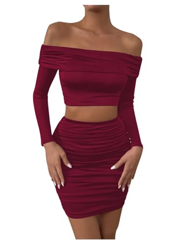 MakeMeChic Women's Two Piece Outfits Off Shoulder Crop Top and Ruched Slim Fitted Skirt Sets
