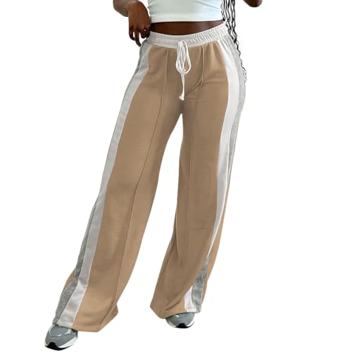 PINSV Women's Wide Leg Sweatpants Baggy Lounge Pants Active Joggers Striped Track Pants Khaki M