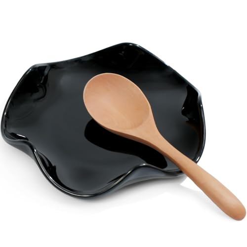Poggiamestolo in Ceramica nero, porta cucchiaino da caffè, Porta Mestoli e Posate da Cucina, Repose per Cucchiai, Spatole e Utensili, per Piano Cottura e Tavolo, Lavabile in Lavastoviglie(nero, 13 cm)