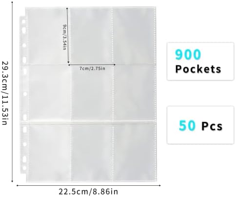Moocuca 900 Pockets Trading Card Sleeves, 50 Sheets Transparent Game Card Sleeves, Trading Card Binder with Pockets on Both Sides