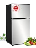 KRIB BLING 3.5 Cu.Ft Refrigerator 2 Door 7 Level Adjustable Thermostat Control Top-Freezer Refrigerator Lock Fresh Energy Saving Silver (KB03-FLS-80-SILVER)