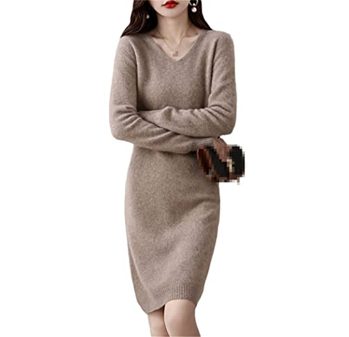 Robe pull en laine femme manches longues robe tricotée hiver col en V de couleur kaki XL