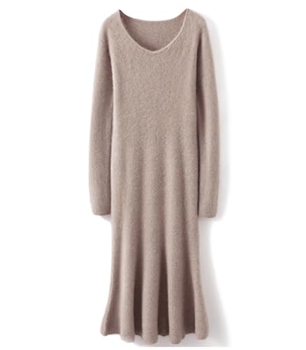 100% Wool Sweater Dress Women's Mid-Length Girl's Slim Fit V-Neck Long Sleeve Pullover A-line Knitted Long Dress4