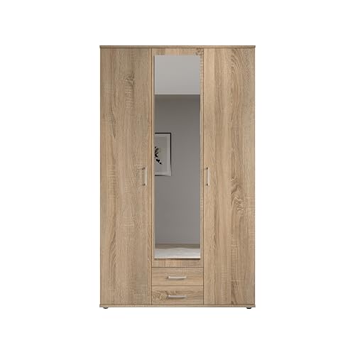 KARL Eleganter 3-türiger Kleiderschrank mit viel Stauraum - Mehrzweckschrank Sonoma Eiche mit Spiegeltür - 120 x 195 x 55 cm
