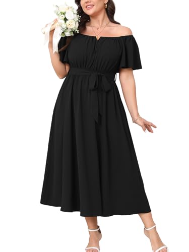 Image of SCOMCHIC Women Plus Size Maxi Dress Off The Shoulder Bridesmaid Formal Wedding Guest Belted Flowy A Line Long Dresses