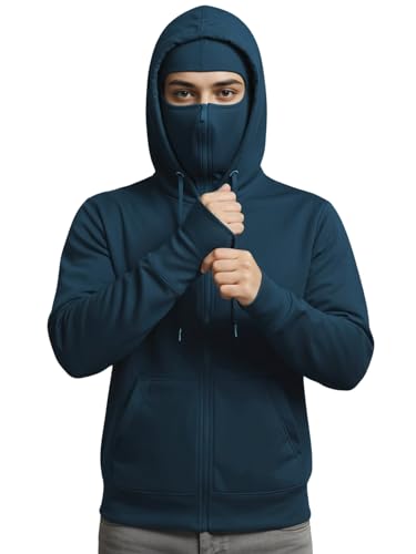 Image of ADRO Men Balaclava Hoodies | 320 GSM Soft Cotton Zipper Hoodie | Thumb-Hole Cuff Gloves | Travel Jacket with Hood | Winter Sweatshirt