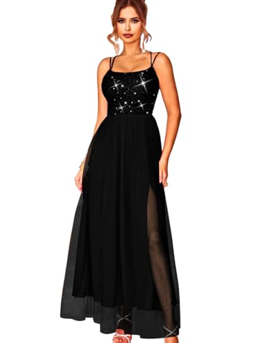 Image of ShawGobow Tulle Prom Dress with Slit,Sequin Backless Long Flowy Dresses for Women,Sexy Sparkly Outfits Homecoming Wedding