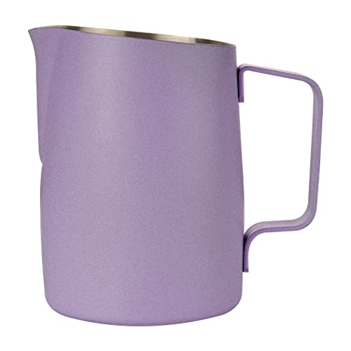 Dianoo Jarra de espuma de leche con asa, jarra de vapor de acero inoxidable de 600 ml, taza espumadora de leche espresso para café, capuchino, latte arte, color morado