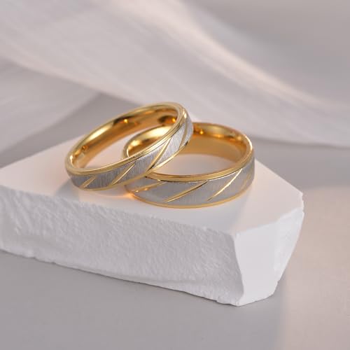 Image of Stainless Steel Couple Band Ring Set Matching Promise Couple Rings His and Her Groom Bride Anniversary Wedding Engagement Valentine Day Gift Engraved Striped Ring 6MM 4MM Comfort Fit Size 9