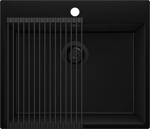 PRIMAGRAN Evier Cuisine en Granit Tout Noir 58x50cm, Lavabo 1 bac + Kit de Vidage + Égouttoir Enroulable, Évier à Encastrer al mueble 60cm - Riga S391