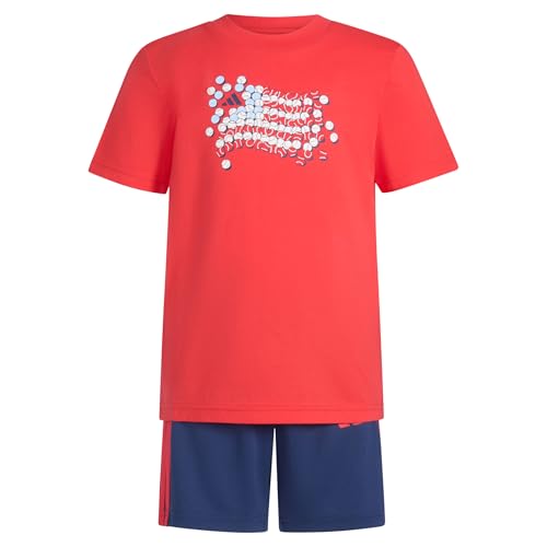 Image of adidas Kids Boys Graphic Cotton Tee 3-Stripes Short Set Casual Bottoms Casual - Red