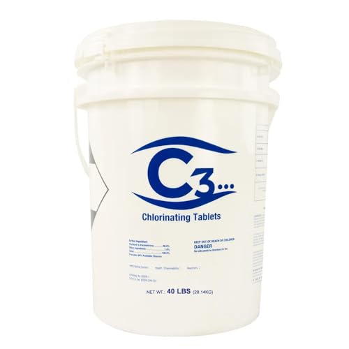 C3â€¦ 40 lbs. 3" Stabilized Chlorine Tabs for Swimming Pools | Easy to Use for Above Ground or Inground Pool | Slow Dissolving Individual Chlorinating Tablets | 40 Pound Bucket
