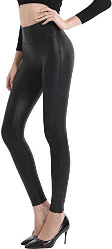 Image of Retro Gong Faux Leather Leggings for Women, Black High-Rise Pants
