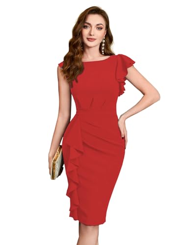 Image of Shasmi Girl's & Women's Asymmetrical Sleeve Ruffle Trim Cocktail Party Fitted One Piece Knee Length Midi Dress for Women Stylish Dresses (Midi 169)