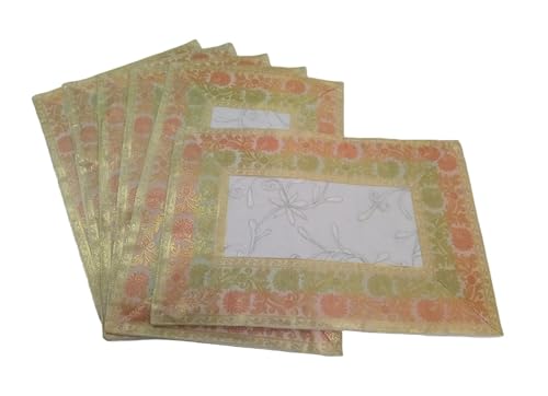Image of Brocade Silk Placemats for Dinning Table 12 x 18 Inches Hand Embroidered, Set of 6 Decorative Placemats for Home (White)