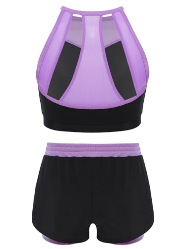 Girls Athletic Outfit Set Sleeveless Crop Tops With Bike Shorts For Gymnastics Volleyball Yoga Purple 14 Years2