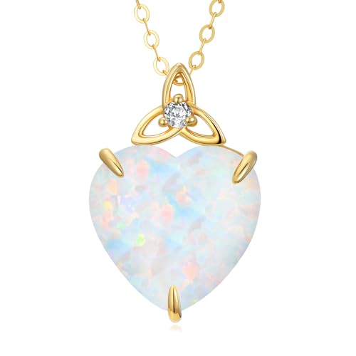 14K Yellow Gold Opal Pendant Necklace with Genuine Diamond Celtic Knot Necklace with 3 Carat Heart Shaped Opal Jewelry Gift for Her
