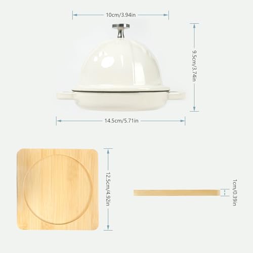 Image of HAWOK Enameled Cast Iron Garlic Roaster with Bamboo Tray, Dia.3.94 inch, BBQ Grill Garlic Baker, Mini Cocotte, Set of 2, Oyster White