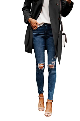 Danedvi Women Fashion Casual Elegant Lapel Solid Button Down Blazer Work Wear Office Long Type Windbreaker Trench Coat Black #TOP4