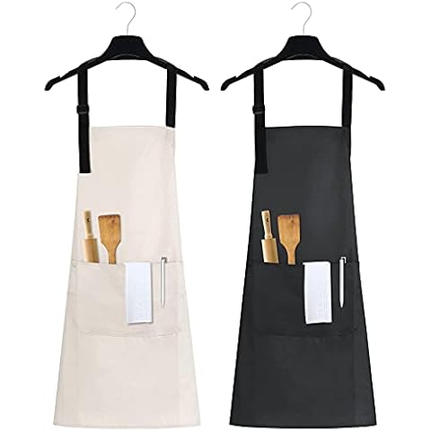 2pcs Waterproof Apron with Adjustable Neck Strap 2 Pockets, Cooking Apron for Men Women Aprons for Home, Restaurant, Craft, Garden, BBQ, School, Coffee House, Black＆Greyish White Cover