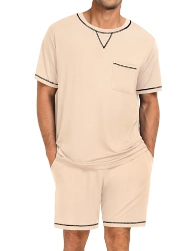 Image of SWOMOG Mens Pajamas Set Summer Sleepwear Short Sleeve Pjs Set Soft 2 Piece Lounge Set Comfy Loungewear with Pockets