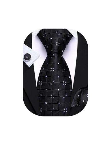 Image of Barry.Wang Mens Tie Set Plaid Check Neckties Formal Business Wedding Luxury Pocket Square Cufflinks