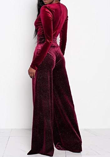 Doufine – Macacão feminino elegante e elegante com gola V, Vinho tinto, L