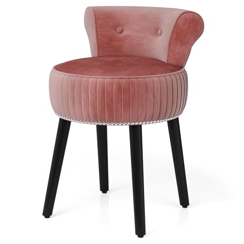 RELAX4LIFE Tabouret de Coiffeuse Rembourré en Velours avec Dossier Bas Capitonné & Pieds en Bois Massif, Chaise de Maquillage Moderne pour Chambre à...