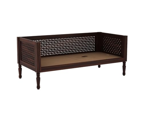 Image of ONIJA Solid Sheesham Wood Diwan Sofa Cum Bed Without Cushion | Traditional Wooden Daybed with Carved Backrest | 3 Seater Sofa for Living Room, Bedroom & Home (Walnut Finish)