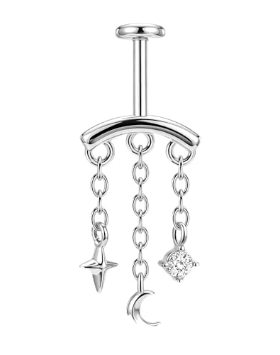OUFER Hidden Helix Earring 16G 6mm Threadless Push Pin Cartilage Earring with Vertical Chain Dangles Star Moon CZ Floating Helix Jewelry 316L Stainless Steel Silver