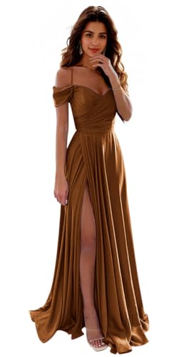IIF Off Shoulder Satin Bridesmaid Dresses Spaghetti Strap Long Ruched A Line Formal Prom Dress with Slit IIF006