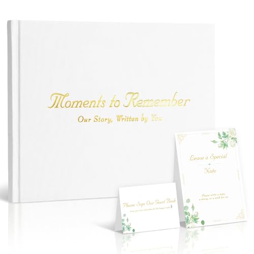 Wedding Guest Book Set White Linen Hardback Greenery Gold Foil 120 Pages with Decorative Pattern Please Sign Our Guest Book Table Sign & Leave a Special Note Card Belly Band 21.5 x 14.5 cm