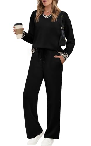 Image of WIHOLL Lounge Sets for Women 2026 V Neck 2 Piece Outfits Airport Wide Leg Pants Matching Set Sweatsuits
