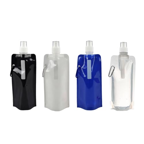 JRILUO - Lote de 4 botellas para correr (500 ml, con mosquetón, botella para correr reutilizable, sin BPA, flexible, 500 ml, blanco, transparente, azul, negro, para deporte y senderismo